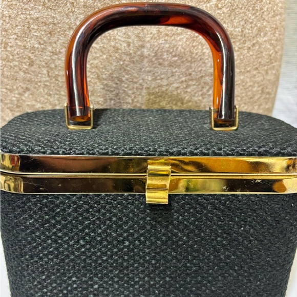 Vintage JR Flordia USA-Box Style Black and Gold Women's Handbag w/ Lucite Handle - Picture 2 of 9